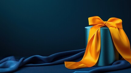 [Anticipatory giftgiving scenario with blue bow and wrapped present] Luxurious Blue Gift Bow Over Deep Blue Water Scene