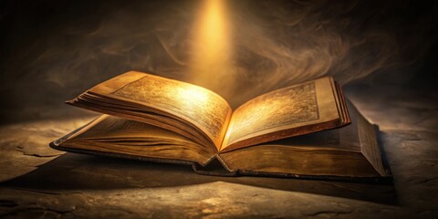 An Open Old Book Illuminated by a Beam of Light, Casting a Golden Glow on the Dusty Pages