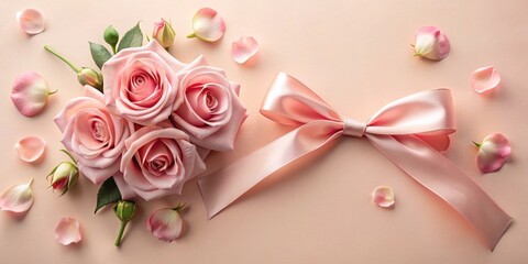A Delicate Arrangement of Pink Roses and a Satin Bow on a Soft Blush Background