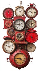 A Multifaceted Composition of Vintage Clocks; A Time-Telling Masterpiece of Artistic Design; A Unique Collage of Antique Timepieces; Red Clocks; Vintage Timepieces