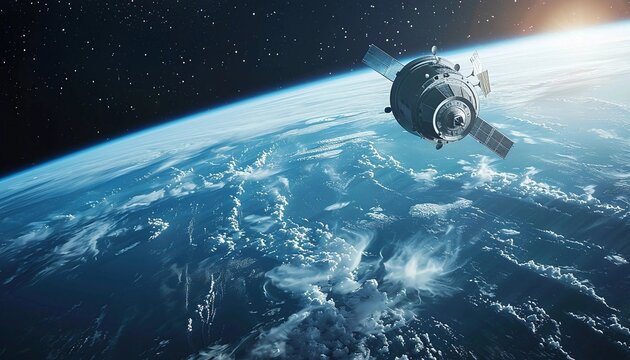 Spacecraft Orbiting Earth: A stunning view of a spacecraft gracefully orbiting planet Earth, captured against the backdrop of a star-studded cosmos. This image evokes a sense of wonder, exploration.