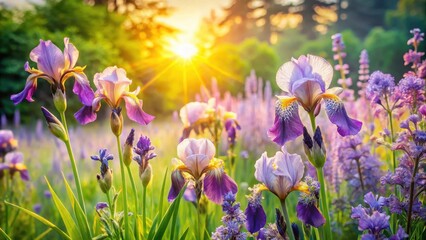 A field of irises bathed in the warm glow of the setting sun, with delicate petals unfurling and catching the light.