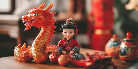 Naklejka premium a small child doll sits next to a dragon doll surrounded by Chinese New Year ornaments on a table. lots of empty space for text. light background blur