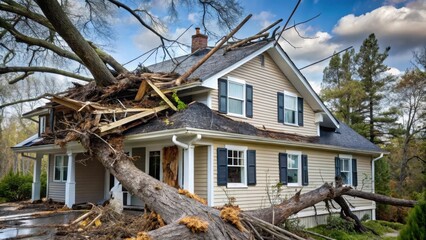 A large tree has fallen on the roof of a house, causing significant damage and debris, leaving the home vulnerable to the elements.