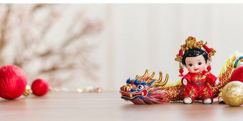 a small child doll sits next to a dragon doll surrounded by Chinese New Year ornaments on a table. lots of empty space for text. light background blur