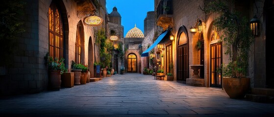 Fototapeta premium [European town alleyway at night] Romantic European Alleyway at Night with Lanterns and Street Lamps