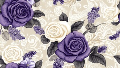 seamless repeating pattern of paisley clusters of lavender sprigs with white and purple roses.
