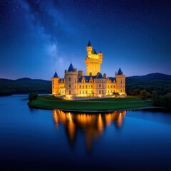 Obraz premium [Medieval Castle at Night with Reflections on Water] Majestic Medieval Castle under Starry Night Sky with Reflecting Water