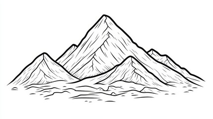 Vector Hand Drawn Mountain Landscape, Black and White Line Art Illustration for Coloring Book