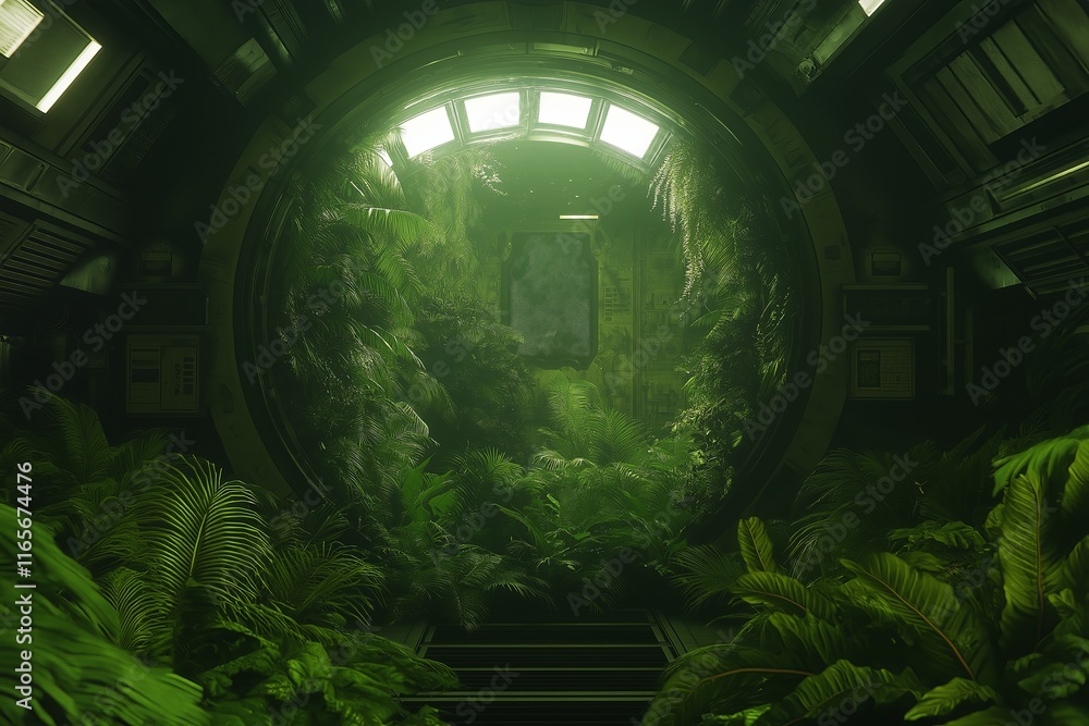 Poster A lush jungle growing inside an abandoned spaceship floating in outer space.