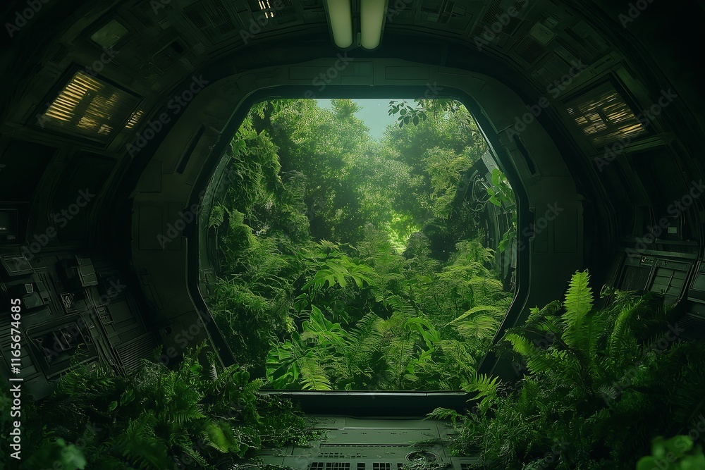 Poster A lush jungle growing inside an abandoned spaceship floating in outer space.