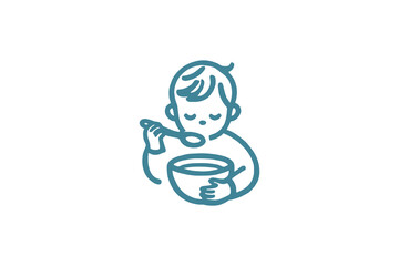 Minimalist blue vector icon of a toddler eating with a spoon from a bowl