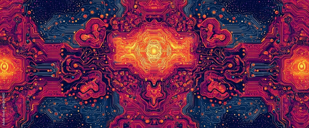 Poster psychedelic abstract art with vibrant colors and symmetrical patterns.