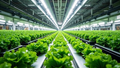 Large indoor vertical farm with automated systems managing rows of vegetables, enhanced by conveyor belts and advanced lighting
