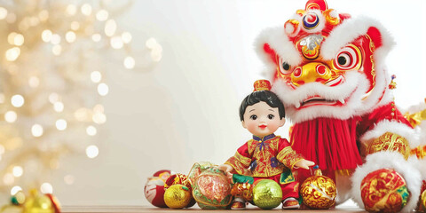 a small child doll sits next to a lion dance doll surrounded by Chinese New Year ornaments on a table. lots of empty space for text. light background blur
