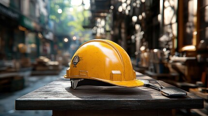 Safety helmet on a wooden surface in a city street. Construction site background.
