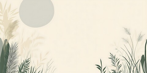 Obraz premium Minimalist botanical illustration with pampas grass, leaves, and a circle on a beige background.
