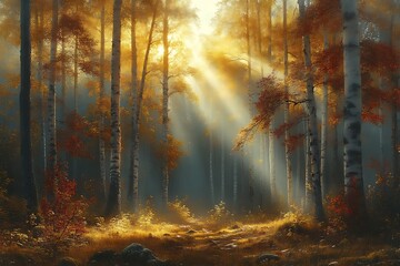 Obraz premium Sunbeams illuminate autumnal birch forest.