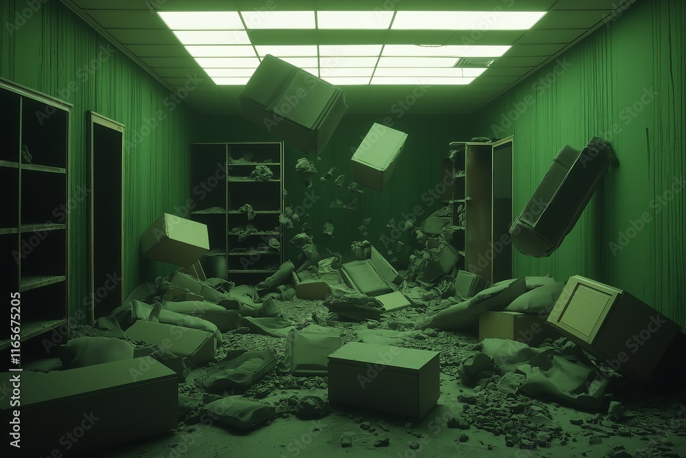 Poster A room where gravity doesn’t exist, with objects floating in all directions.