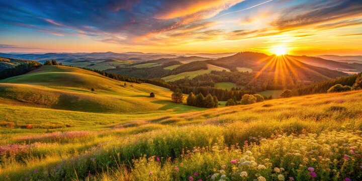 Golden rays of sunlight illuminate the rolling hills, creating a picturesque landscape with wildflowers and trees.