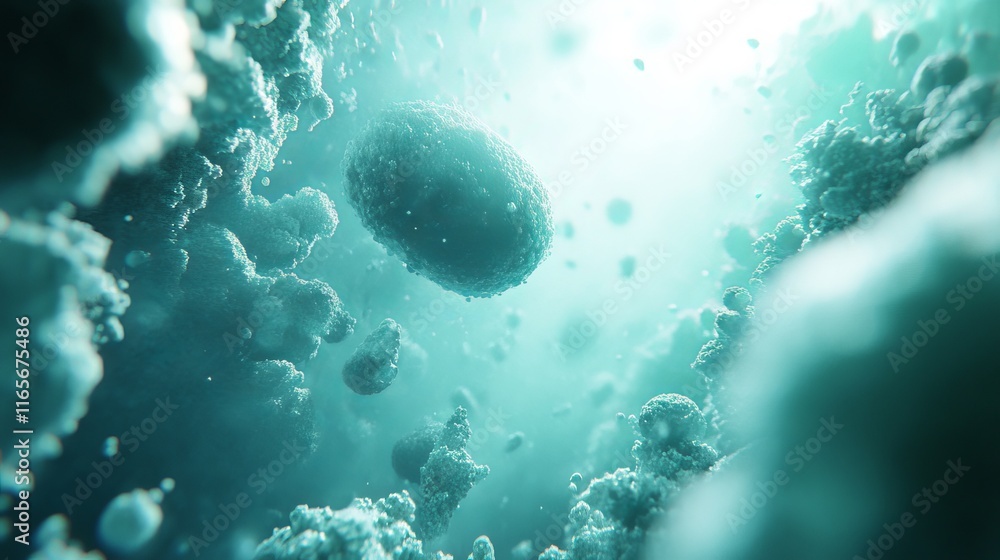Poster abstract background of tranquil turquoise water with floating matte bubbles, 3d render