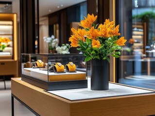 [Highend jewelry store interior design] Sparkling Jewelry Store Interior with Modern Design & Elegant Vases in Office Space Setup