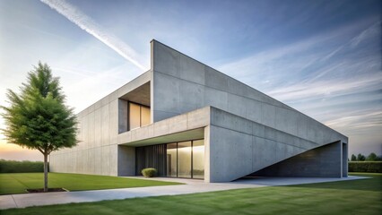 Modern Concrete Architecture A Geometric Masterpiece With Expansive Windows and Lush Green Lawn