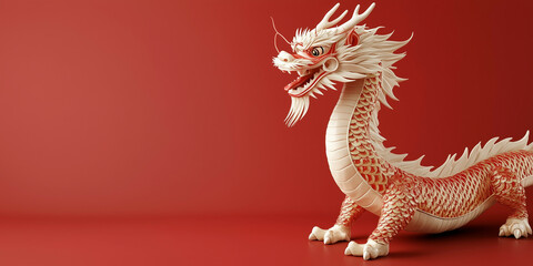 Obraz premium cute dragon with minimalist design and blank red background with chinese new year ornaments. lot of empty space for copy space, chinese new year celebration