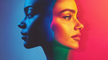 Woman's Face, Dual Exposure, Neon Light, Abstract Portrait, Colorful, Artistic