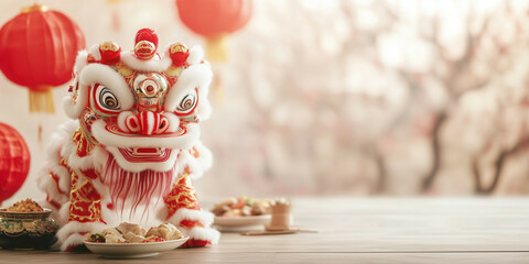cute lion dance on the table with many food and minimalist design on blur background. lot of empty space for copy space, chinese new year celebration
