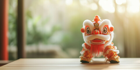 Fototapeta premium cute lion dance on the table with hanging red lanterns in golden hour ambience, minimalist design on blur background. lot of empty space for copy space, chinese new year celebration