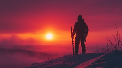 Fototapeta premium Silhouetted person standing on Snowy Hill with Vibrant Sunset in Background