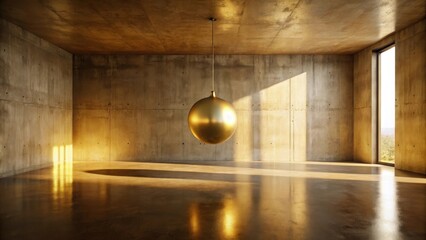 A golden sphere hangs suspended in a minimalist concrete room, bathed in warm sunlight streaming through a large window.