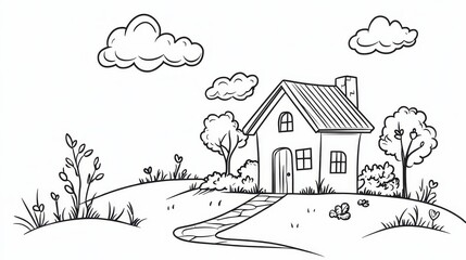 Charming Country Cottage Coloring Page Illustration of a Quaint House Surrounded by Nature