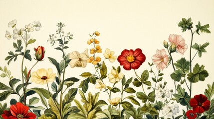 Vintage Botanical Watercolor Painting of Flowers