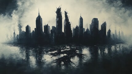 Obraz premium Ruined city skyline reflected in dark water.