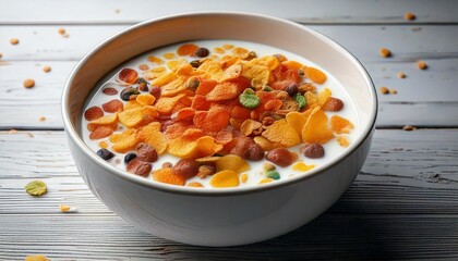 cereal with milk is taken from a flat lay, served in a simple white bowl