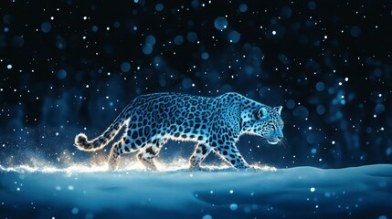 Fototapeta premium Blue Leopard Prowling Snowy Night Landscape