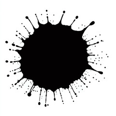 A black ink or paint splatter with irregular edges and small droplets scattered around it, isolated on a white background.