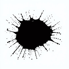 A black ink or paint splatter with irregular edges and small droplets scattered around it, isolated on a white background.