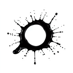 A black ink or paint splatter with irregular edges and small droplets scattered around it, isolated on a white background.