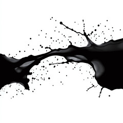 A black ink or paint splatter with irregular edges and small droplets scattered around it, isolated on a white background.