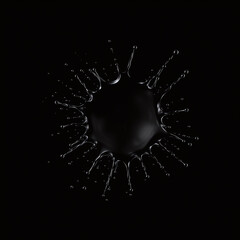 A black ink or paint splatter with irregular edges and small droplets scattered around it, isolated on a black background.