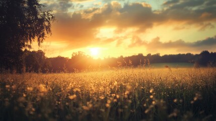 Fototapeta premium Golden Sunrise Over Dew-Kissed Meadow