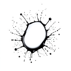 A black ink or paint splatter with irregular edges and small droplets scattered around it, isolated on a white background.