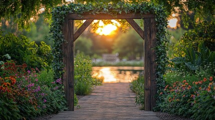 Naklejka premium [Urban Nature gardens community restoration] Serene Garden with Stone Archway, Sunny Path, Tranquil Lake at Sunset Reflections