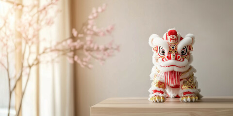 cute lion dance on the table and minimalist design on blur background. lot of empty space for copy space, chinese new year celebration