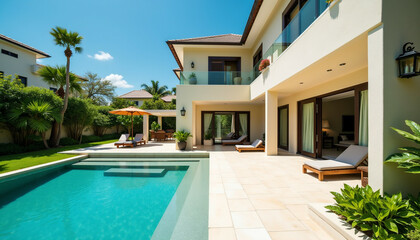 Fototapeta premium Luxury villa with private pool, patio, and lush tropical landscaping. Enjoy the ultimate vacation retreat.