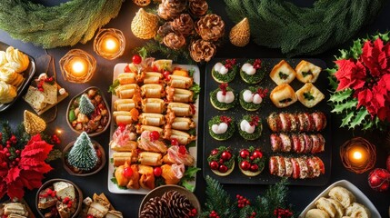 A vibrant display of Christmas appetizers and finger foods, with intricate holiday-themed plating, surrounded by wreaths, glowing lanterns, and tiny Christmas trees