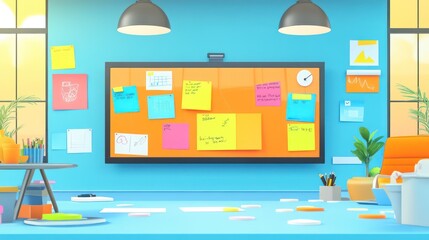 A dynamic brainstorming environment with digital sticky notes, creative tools, and interactive boards.
